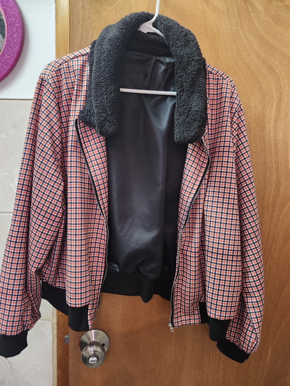SHEIN Pink & Black Plaid Bomber Jacket with Faux Fur Collar